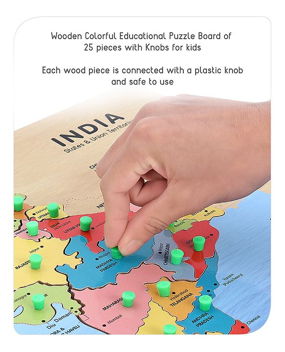 Babyhug India Map Wooden Pegged Puzzle - 19 Pieces | Educational Geography Puzzle with Pegged Pieces | Builds Spatial Awareness & Cultural Knowledge | Durable & Safe | BIS Certified