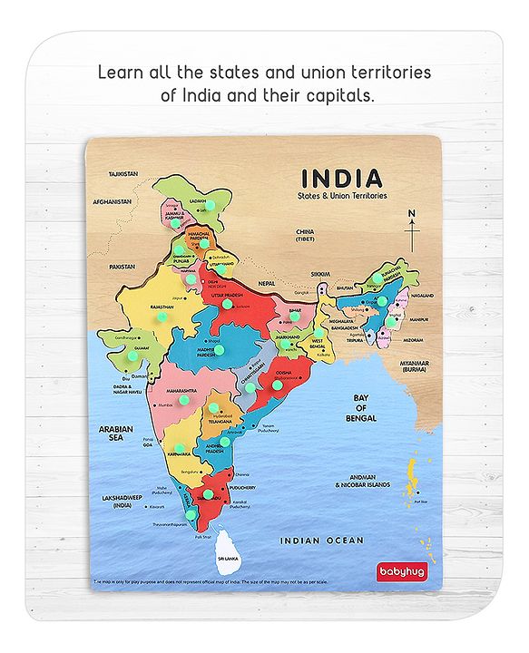 Babyhug India Map Wooden Pegged Puzzle - 19 Pieces | Educational Geography Puzzle with Pegged Pieces | Builds Spatial Awareness & Cultural Knowledge | Durable & Safe | BIS Certified