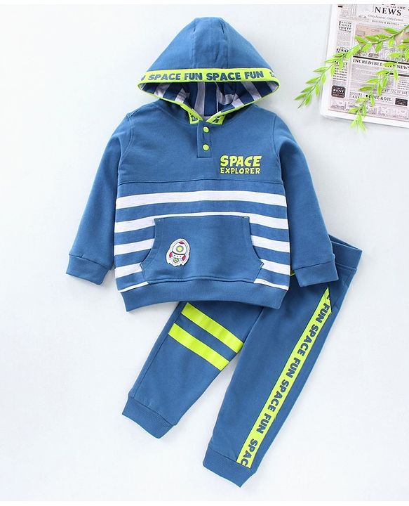 Babyhug Full Sleeves Hooded Tee & Lounge Pant Space Print- Blue
