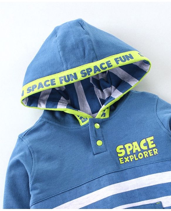 Babyhug Full Sleeves Hooded Tee & Lounge Pant Space Print- Blue