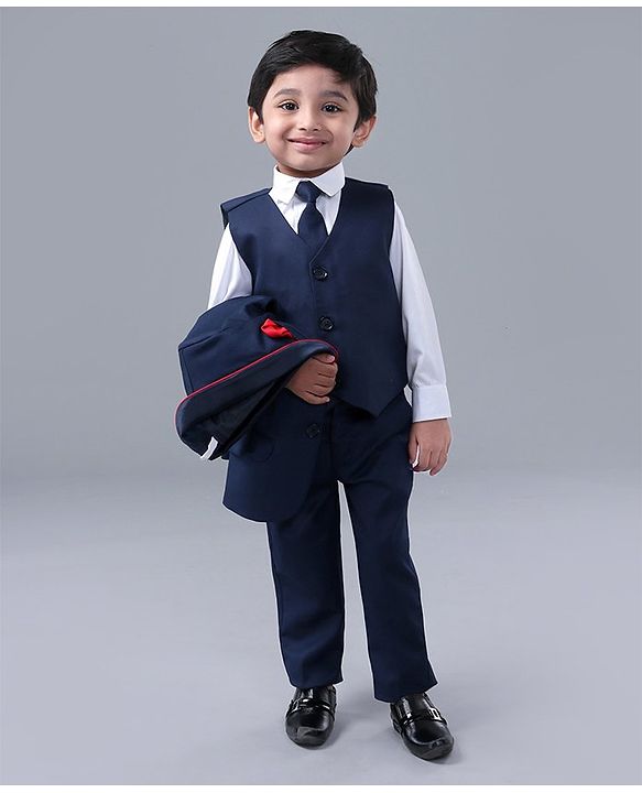 Babyhug Full Sleeves 4 Piece Party Suit with Tie - Navy Blue