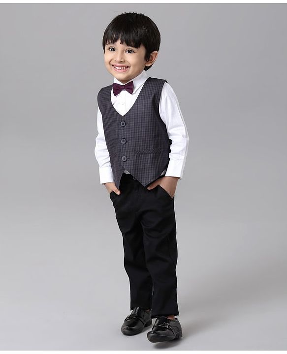 Babyhug 3 Piece Party Suit with Bow - Grey