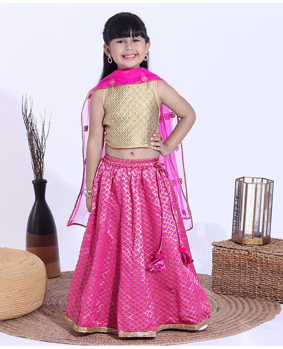 Babyhug Sleeveless Embroidered Choli and Lehenga with Lace Border Sequined Dupatta - Golden Fucshia