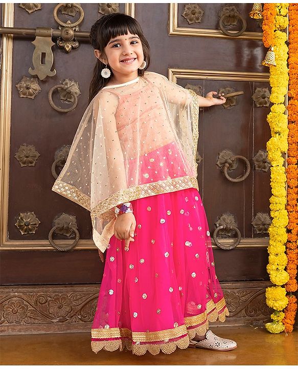 Babyhug Sleeveless Embroidered Choli & Lehenga With Poncho Style Top- Pink