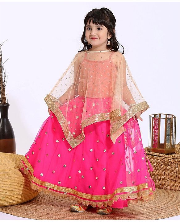 Babyhug Sleeveless Embroidered Choli & Lehenga With Poncho Style Top- Pink