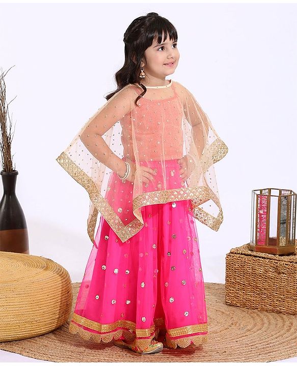 Babyhug Sleeveless Embroidered Choli & Lehenga With Poncho Style Top- Pink