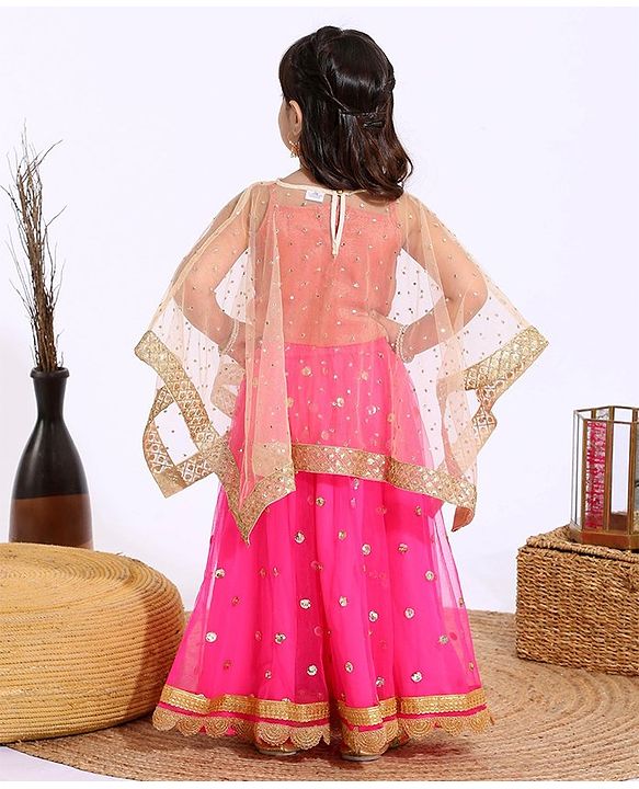 Babyhug Sleeveless Embroidered Choli & Lehenga With Poncho Style Top- Pink