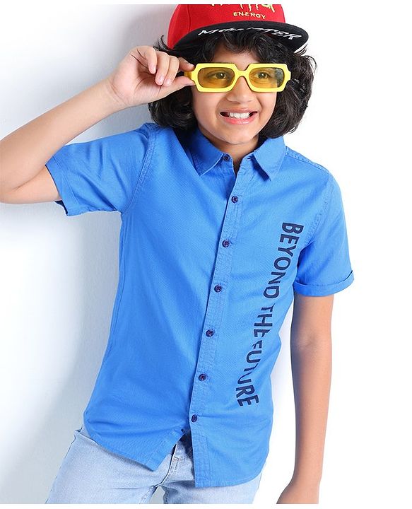 Pine Kids Half Sleeves 100% Cotton Biowashed Shirt - Blue