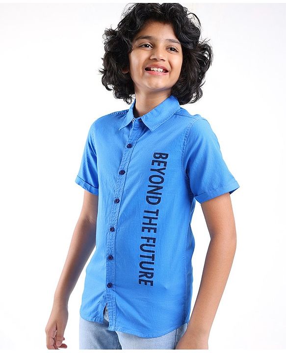 Pine Kids Half Sleeves 100% Cotton Biowashed Shirt - Blue