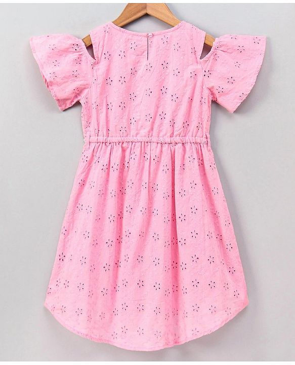 Pine Kids Half Sleeves Softner Wash Schiffli Frock - Pink