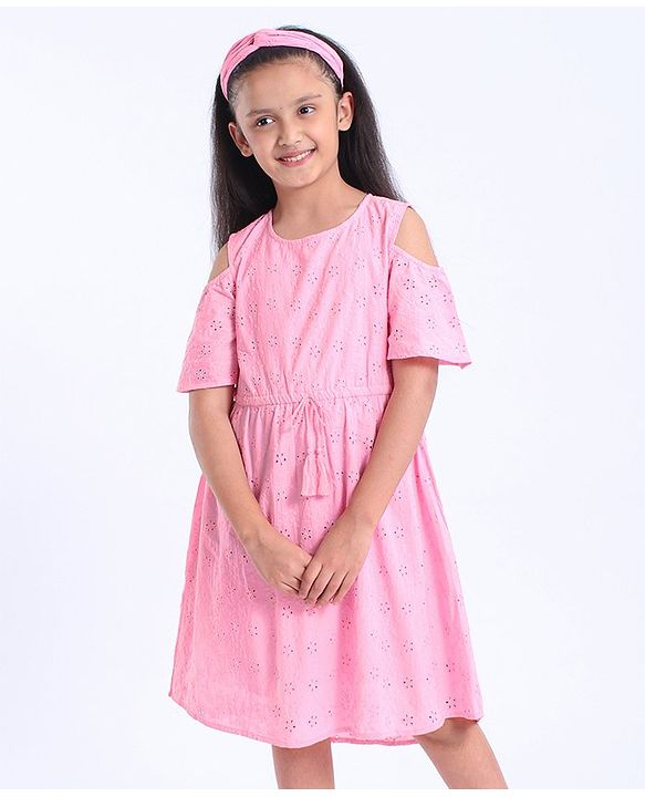Pine Kids Half Sleeves Softner Wash Schiffli Frock - Pink
