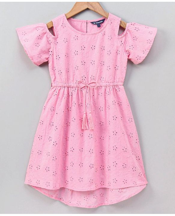 Pine Kids Half Sleeves Softner Wash Schiffli Frock - Pink
