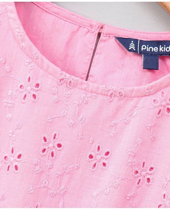Pine Kids Half Sleeves Softner Wash Schiffli Frock - Pink