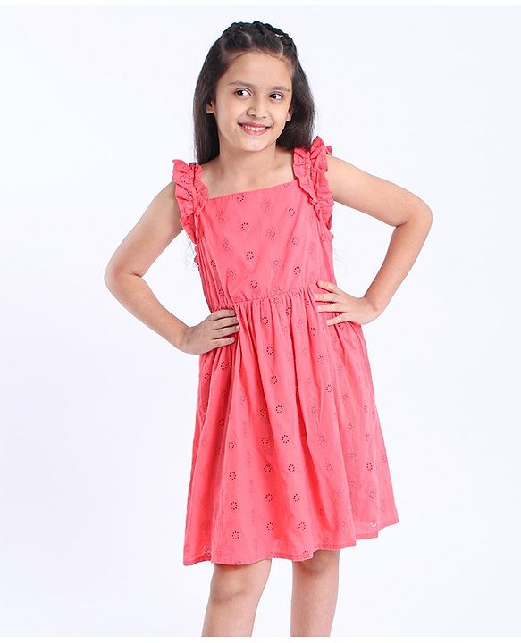 Pine Kids Sleeveless Above Knee Length Schiffli Frock with Softner Wash - Coral