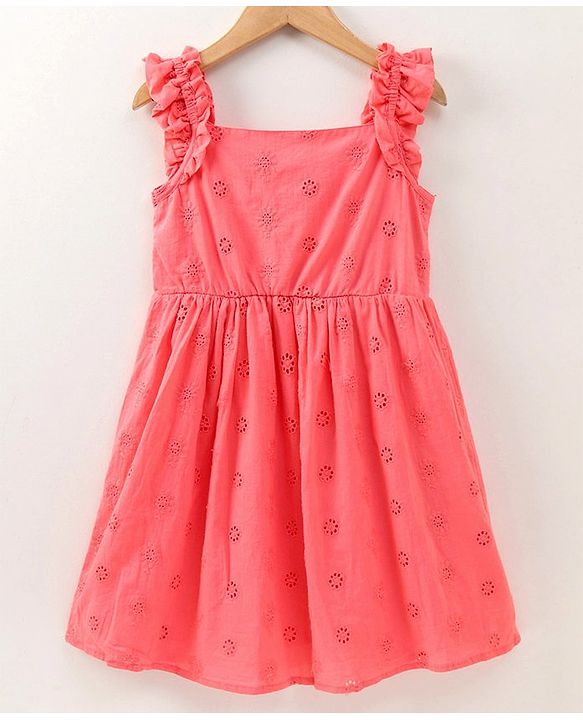 Pine Kids Sleeveless Above Knee Length Schiffli Frock with Softner Wash - Coral