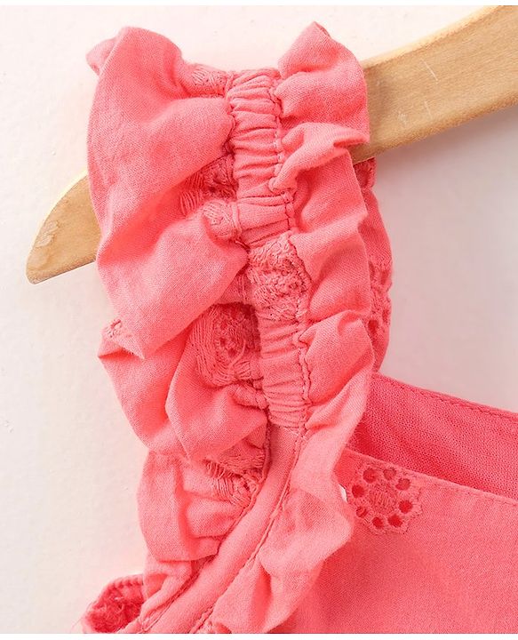 Pine Kids Sleeveless Above Knee Length Schiffli Frock with Softner Wash - Coral