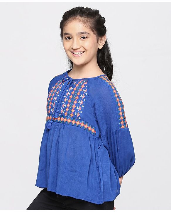 Pine Kids Full Sleeves Biowash Embroidered Top - Royal Blue