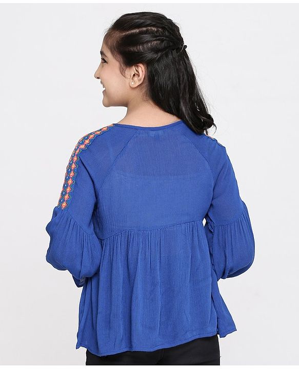 Pine Kids Full Sleeves Biowash Embroidered Top - Royal Blue