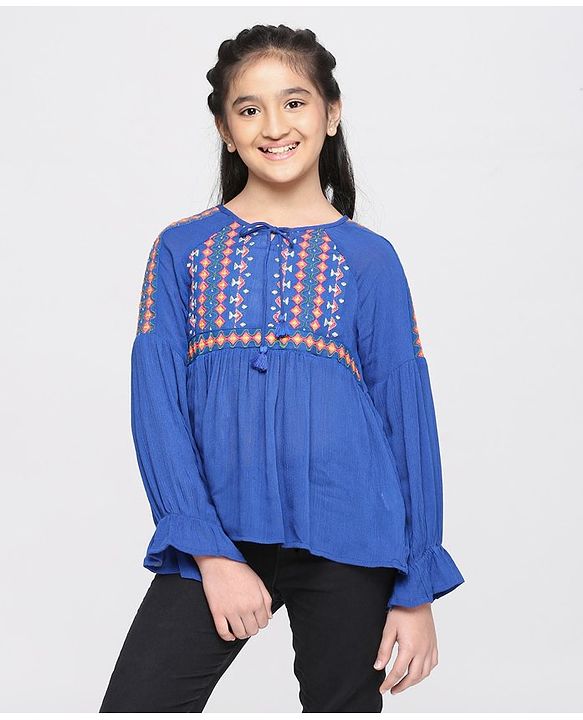 Pine Kids Full Sleeves Biowash Embroidered Top - Royal Blue