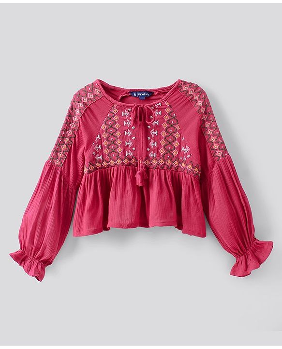 Pine Kids Peasant Sleeves Embroidered Top  - Pink