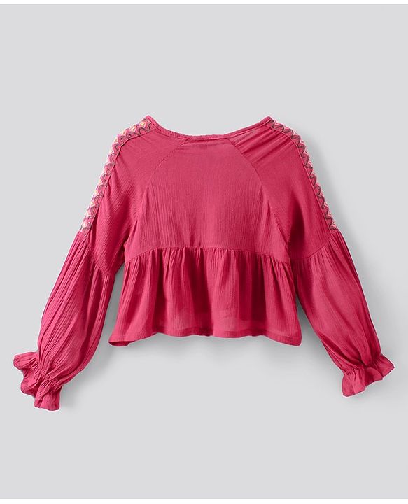 Pine Kids Peasant Sleeves Embroidered Top  - Pink