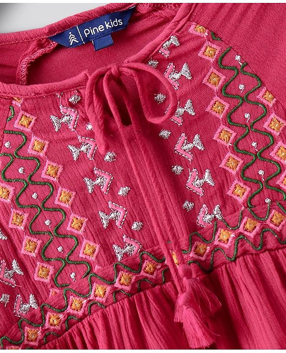 Pine Kids Peasant Sleeves Embroidered Top  - Pink