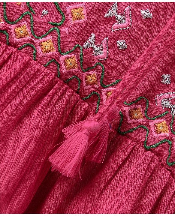 Pine Kids Peasant Sleeves Embroidered Top  - Pink