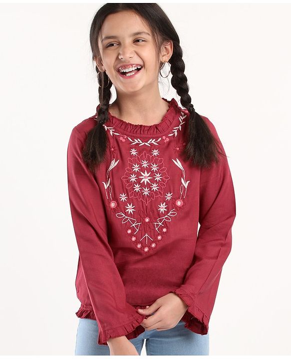 Pine Kids Full Sleeves Embroidery Top - Maroon