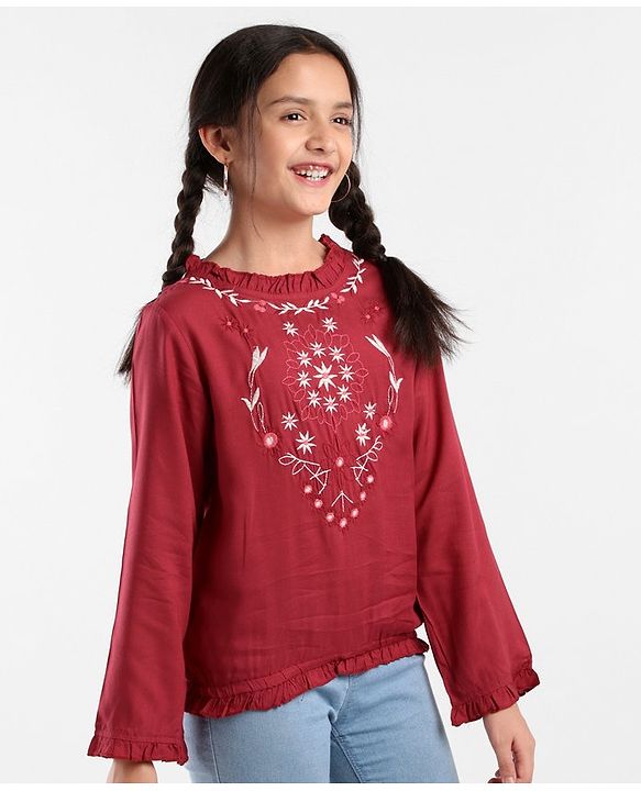 Pine Kids Full Sleeves Embroidery Top - Maroon