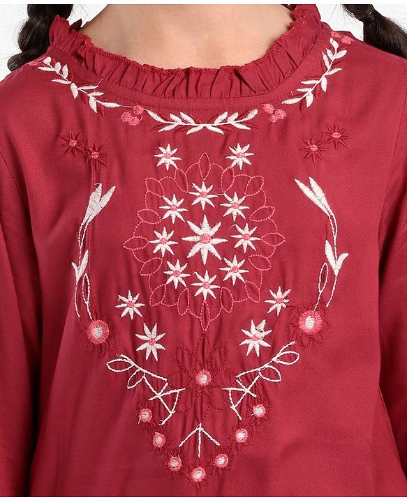Pine Kids Full Sleeves Embroidery Top - Maroon