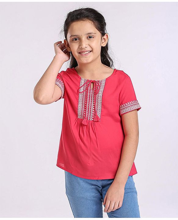 Pine Kids Half Sleeves Premium Embroidery Top - PInk