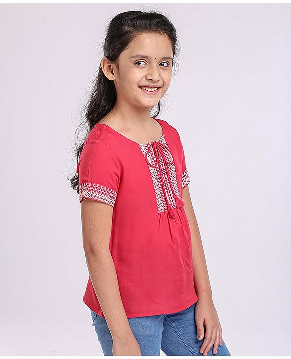 Pine Kids Half Sleeves Premium Embroidery Top - PInk