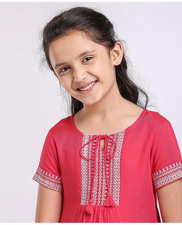 Pine Kids Half Sleeves Premium Embroidery Top - PInk