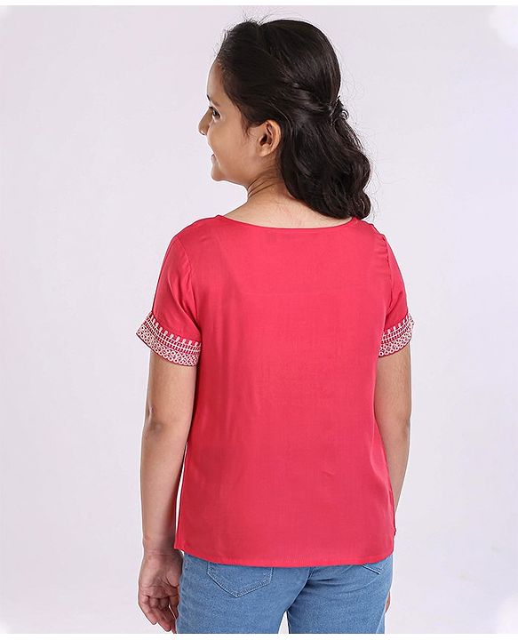 Pine Kids Half Sleeves Premium Embroidery Top - PInk