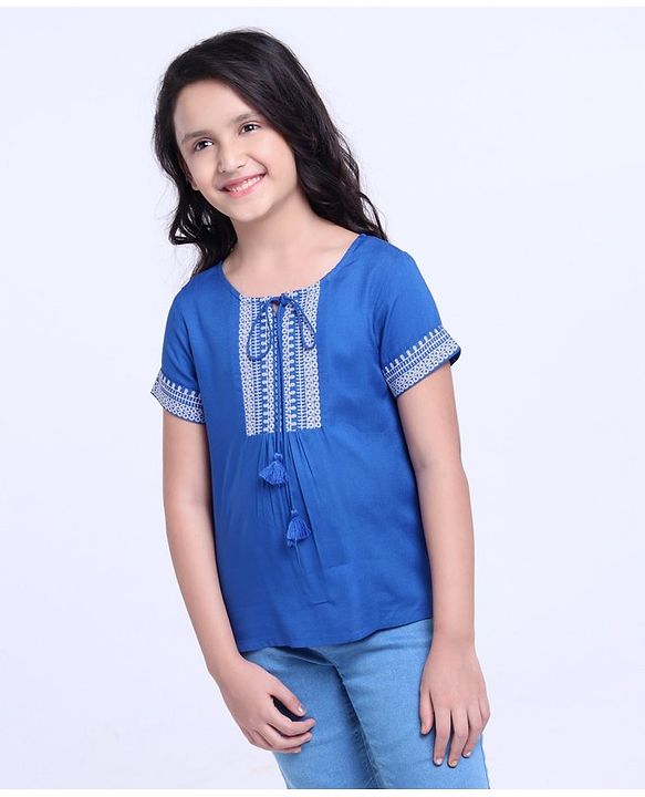 Pine Kids Half Sleeves Premium Embrioderied Top - Blue