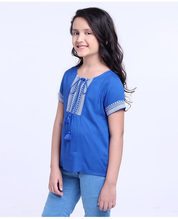 Pine Kids Half Sleeves Premium Embrioderied Top - Blue
