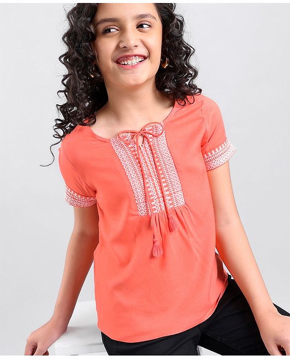Pine Kids Half Sleeves Premium Embroidered Top - Coral