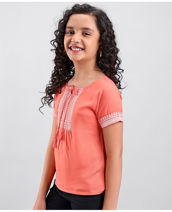 Pine Kids Half Sleeves Premium Embroidered Top - Coral