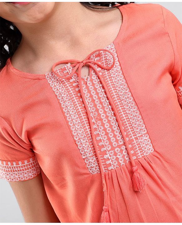 Pine Kids Half Sleeves Premium Embroidered Top - Coral