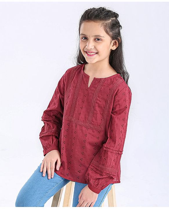 Pine Kids Full Sleeves Schiffli Top - Maroon