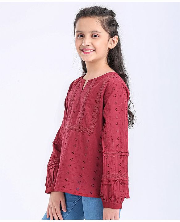 Pine Kids Full Sleeves Schiffli Top - Maroon