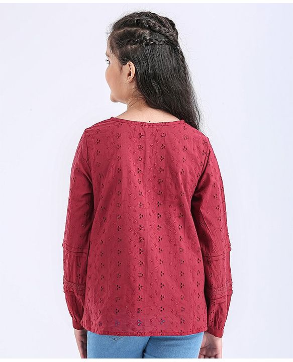 Pine Kids Full Sleeves Schiffli Top - Maroon