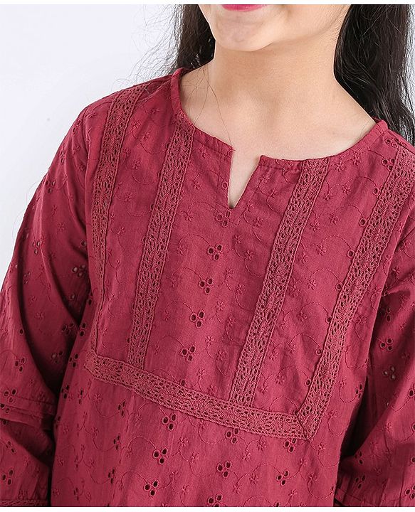 Pine Kids Full Sleeves Schiffli Top - Maroon
