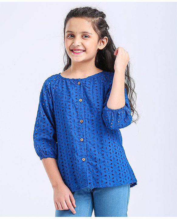 Pine Kids Half Sleeves Schiffli Top - Navy Peony