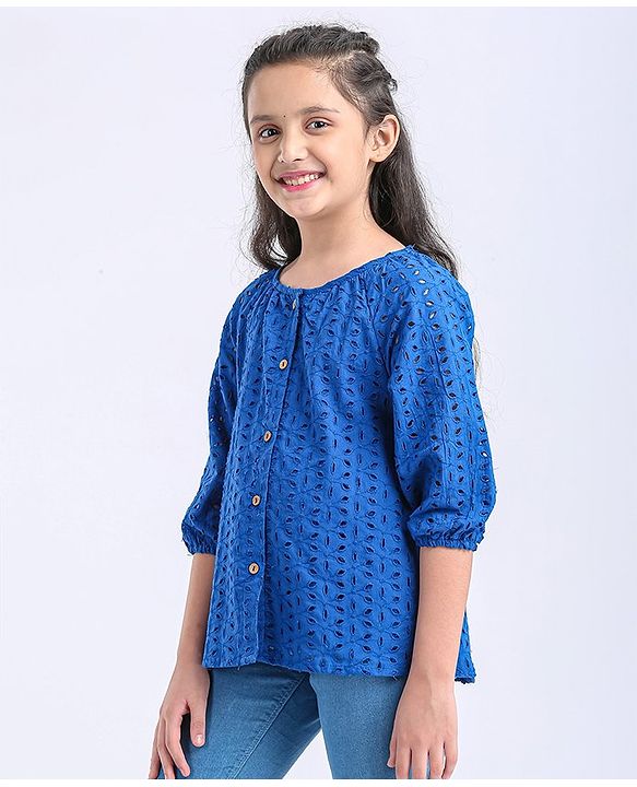 Pine Kids Half Sleeves Schiffli Top - Navy Peony