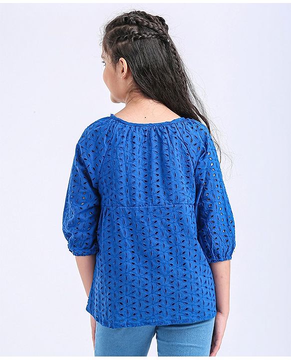 Pine Kids Half Sleeves Schiffli Top - Navy Peony