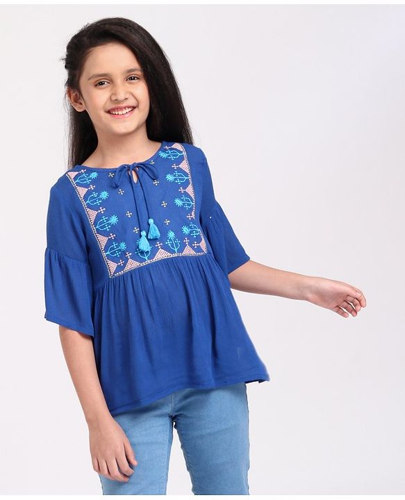 Pine Kids Half Sleeves Premium Embroidered Top - Blue