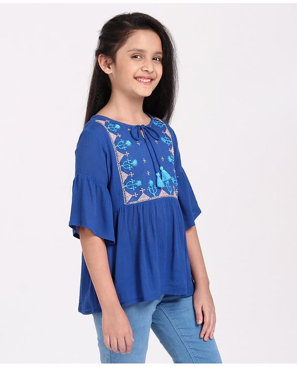 Pine Kids Half Sleeves Premium Embroidered Top - Blue