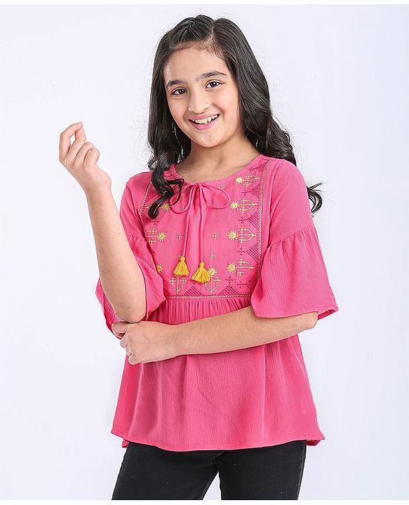 Pine Kids 3/4th Sleeves Embroidered Top - Hot Pink
