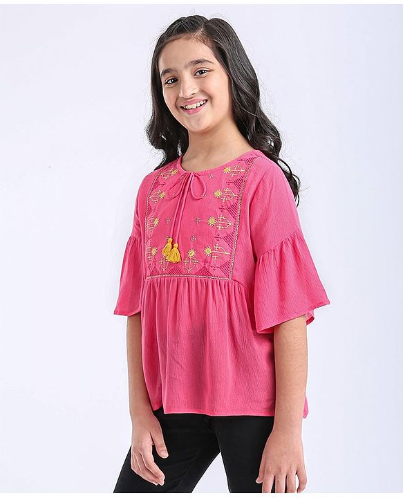 Pine Kids 3/4th Sleeves Embroidered Top - Hot Pink